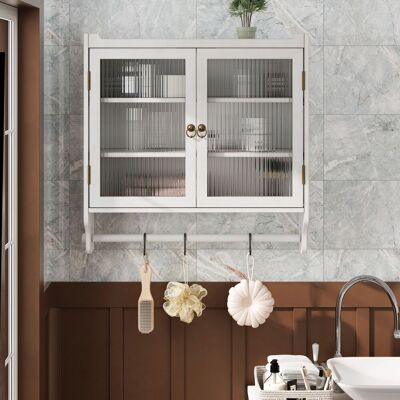 ACKERMAN 60cm Glass Door Vintage Double Door Wall Cabinet With Three Tiers Of Storage With Towel Rack, For Bathroom, Kitchen,dining Room, White Washed - Publicité ACKERMAN 60cm Glass Door Vintage Double Door Wall Cabinet With Three Tiers Of Storage With Towel Rack, For Bathroom, Kitchen,dining Room, White Washed - Publicité