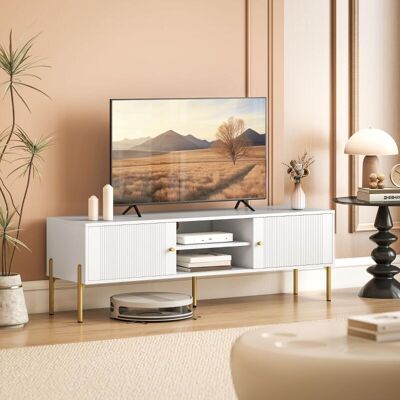 Generic Meuble Tv, Meuble Télé Jusqu'à 65 Pouces Avec 2 Portes, 2 Compartiments Ouverts, Pieds En Acier, 140x38x45,9cm, Blanc - Publicité Generic Meuble Tv, Meuble Télé Jusqu'à 65 Pouces Avec 2 Portes, 2 Compartiments Ouverts, Pieds En Acier, 140x38x45,9cm, Blanc - Publicité