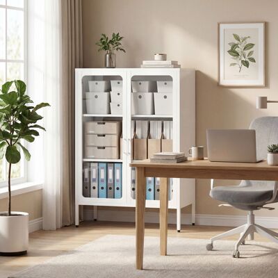 SANMINE HABITAT Armoire De Bureau Avec 2 Portes En Verre. 2 Étagères Réglables. Meuble De Rangement Bureau En Acier. 80x40x110cm. Blanc - Publicité SANMINE HABITAT Armoire De Bureau Avec 2 Portes En Verre. 2 Étagères Réglables. Meuble De Rangement Bureau En Acier. 80x40x110cm. Blanc - Publicité