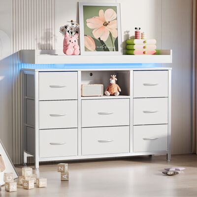 ADWOLT Commode Avec 8 Tiroirs En Tissu,armoire Avec Led Et Station De Recharge,cadre En Métal,100x30x82cm,blanc,style Moderne - Publicité ADWOLT Commode Avec 8 Tiroirs En Tissu,armoire Avec Led Et Station De Recharge,cadre En Métal,100x30x82cm,blanc,style Moderne - Publicité