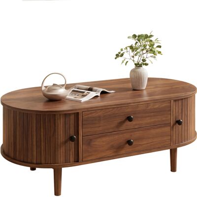 ACKERMAN Table Basse Ovale En Mdf Avec Lattes Verticales, Portes Coulissantes Et 2 Tiroirs. Publicité ACKERMAN Table Basse Ovale En Mdf Avec Lattes Verticales, Portes Coulissantes Et 2 Tiroirs. Publicité
