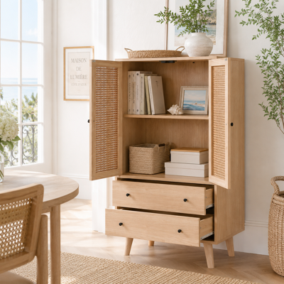 LEMONBEST Buffet 60 X 40 X 120 Cm Avec 2 Portes Effet Rotin Et 2 Tiroirs, Meuble De Rangement Sur Pieds, Chêne - Publicité LEMONBEST Buffet 60 X 40 X 120 Cm Avec 2 Portes Effet Rotin Et 2 Tiroirs, Meuble De Rangement Sur Pieds, Chêne - Publicité