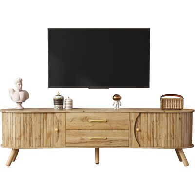 ACKERMAN Meuble Tv En Forme De Pois Avec Rainures Verticales, 2 Portes Coulissantes Et 2 Tiroirs, Pieds En Bois Massif, Aspect Bois, Matériau Mdf, Style Scandinave Moderne - Publicité ACKERMAN Meuble Tv En Forme De Pois Avec Rainures Verticales, 2 Portes Coulissantes Et 2 Tiroirs, Pieds En Bois Massif, Aspect Bois, Matériau Mdf, Style Scandinave Moderne - Publicité