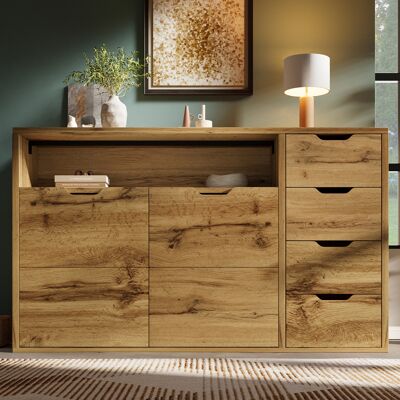 LEMONBEST Buffet Moderne 150x40x90 Cm Commode Avec 4 Tiroirs, 2 Portes, Étagères Réglables, Meuble Rangement Pour Salon Entrée - Aspect Chêne - Publicité LEMONBEST Buffet Moderne 150x40x90 Cm Commode Avec 4 Tiroirs, 2 Portes, Étagères Réglables, Meuble Rangement Pour Salon Entrée - Aspect Chêne - Publicité