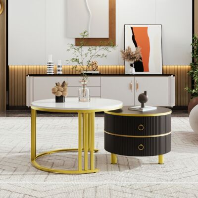 ACKERMAN Table Basse Ronde 2 En 1 En Mdf, Table D'Appoint Avec Plateau Brillant Et Plateau En Marbre Blanc, Combinaison Table Basse Salon Avec 2 Tiroirs, 70 X 70 X 46 + 50 X 50 X 40 Cm - Publicité ACKERMAN Table Basse Ronde 2 En 1 En Mdf, Table D'Appoint Avec Plateau Brillant Et Plateau En Marbre Blanc, Combinaison Table Basse Salon Avec 2 Tiroirs, 70 X 70 X 46 + 50 X 50 X 40 Cm - Publicité