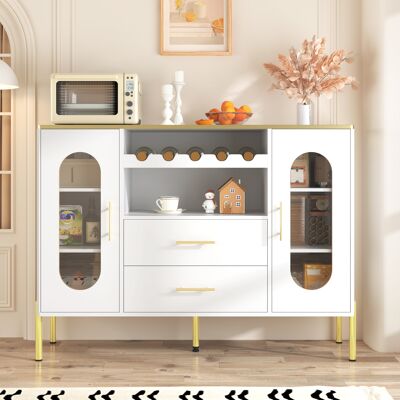 CHINGNIMON Buffet Moderne Blanc Or 120 Cm 2 Portes Verre 2 Tiroirs Rangement - 120x40x80 Cm - Publicité CHINGNIMON Buffet Moderne Blanc Or 120 Cm 2 Portes Verre 2 Tiroirs Rangement - 120x40x80 Cm - Publicité