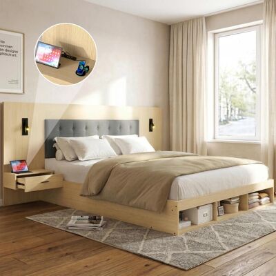 OEM Lit Double 180 X 200 Cm, Lit Coffre, Lit En Bois, Lit Enfant, Avec Station De Charge Usb Et Type-c Et Lampe De Lecture, Avec 2 Tables De Chevet, Coloris Chêne Clair - Publicité OEM Lit Double 180 X 200 Cm, Lit Coffre, Lit En Bois, Lit Enfant, Avec Station De Charge Usb Et Type-c Et Lampe De Lecture, Avec 2 Tables De Chevet, Coloris Chêne Clair - Publicité
