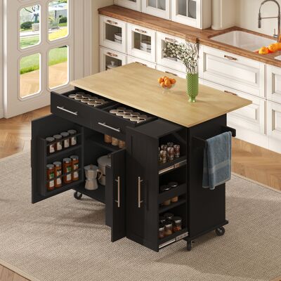 ACKERMAN Îlot De Cuisine Avec Abattant, Desserte Avec Organiseur Coulissant À 3 Niveaux, Étagère De Rangement Interne, Chariot À Roulettes Avec Porte-serviettes Et 2 Tiroirs Pour La Salle À Manger, Noir - Publicité ACKERMAN Îlot De Cuisine Avec Abattant, Desserte Avec Organiseur Coulissant À 3 Niveaux, Étagère De Rangement Interne, Chariot À Roulettes Avec Porte-serviettes Et 2 Tiroirs Pour La Salle À Manger, Noir - Publicité