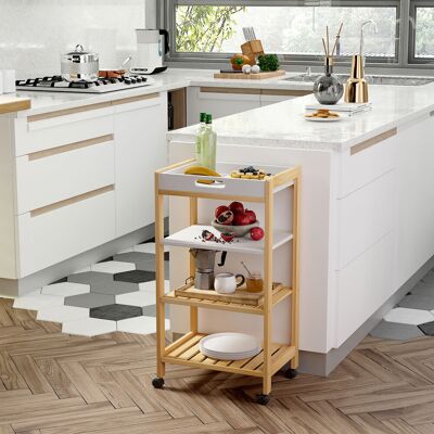 OEM Homcom Chariot De Cuisine À Roulettes 3 Étagères + Plateau Amovible Bois Pin + Mdf Blanc - Publicité OEM Homcom Chariot De Cuisine À Roulettes 3 Étagères + Plateau Amovible Bois Pin + Mdf Blanc - Publicité