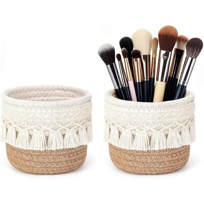 SYMOLEXA 2 Pièces - Rangement Pinceaux Maquillage - Panier Tressé - Organisateur Coiffeuse Et Bureau - Design Bohème Avec Pompons - Beige - 10x10cm - Publicité SYMOLEXA 2 Pièces - Rangement Pinceaux Maquillage - Panier Tressé - Organisateur Coiffeuse Et Bureau - Design Bohème Avec Pompons - Beige - 10x10cm - Publicité
