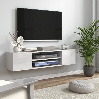 Generic Meuble Banc Tv Mural Suspendu Style Contemporain 2 Placards 2 Niches Centrales Et 2 Passe-câbles 140 X 30 X 30 Cm Blanc - Publicité Generic Meuble Banc Tv Mural Suspendu Style Contemporain 2 Placards 2 Niches Centrales Et 2 Passe-câbles 140 X 30 X 30 Cm Blanc - Publicité