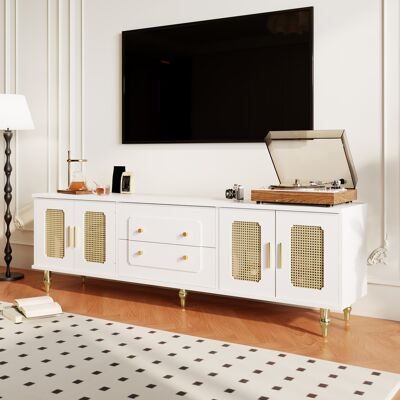ALLAUVE Meuble Tv Vintage Rétro Avec Poignées En Laiton Doré, Grand Espace De Rangement, Portes En Rotin Naturel Et Pieds En Métal Noir. Publicité ALLAUVE Meuble Tv Vintage Rétro Avec Poignées En Laiton Doré, Grand Espace De Rangement, Portes En Rotin Naturel Et Pieds En Métal Noir. Publicité