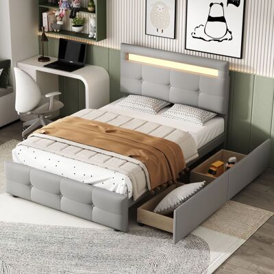 OEM Lit Rembourré 90200cm Avec Lumières Led, 2 Tiroirs, Revêtement En Lin Doux Pour La Peau, Lit Simple Plat, Lit Enfant, Lit Jeune, Lit D'Appoint (gris) - Publicité OEM Lit Rembourré 90200cm Avec Lumières Led, 2 Tiroirs, Revêtement En Lin Doux Pour La Peau, Lit Simple Plat, Lit Enfant, Lit Jeune, Lit D'Appoint (gris) - Publicité
