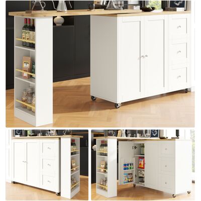 ACKERMAN Table De Bar Pivotante À 360° (135-203 X 39 X 106 Cm) Sur Roulettes, Blanche, Avec Trois Tiroirs. Porte-repas Inclus. Îlot De Rangement Multifonctionnel, Idéal Pour La Cuisine Et Le Salon. Publicité ACKERMAN Table De Bar Pivotante À 360° (135-203 X 39 X 106 Cm) Sur Roulettes, Blanche, Avec Trois Tiroirs. Porte-repas Inclus. Îlot De Rangement Multifonctionnel, Idéal Pour La Cuisine Et Le Salon. Publicité