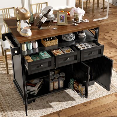 ACKERMAN Îlot De Cuisine Moderne (118 × 43-70 × 98 Cm) Avec Meuble De Salle À Manger Intégré, Desserte À Roulettes En Bois, Espace De Rangement Multifonctionnel, Séparateurs Amovibles Et Porte-serviettes, Noir - Publicité ACKERMAN Îlot De Cuisine Moderne (118 × 43-70 × 98 Cm) Avec Meuble De Salle À Manger Intégré, Desserte À Roulettes En Bois, Espace De Rangement Multifonctionnel, Séparateurs Amovibles Et Porte-serviettes, Noir - Publicité