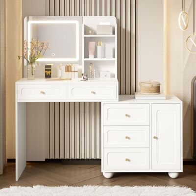 ACKERMAN Grande Coiffeuse Avec Éclairage Led Réglable, Miroir, 5 Tiroirs, 1 Porte Et 3 Compartiments De Rangement, Blanche, 80 × 39,8 × 127 Cm - Publicité ACKERMAN Grande Coiffeuse Avec Éclairage Led Réglable, Miroir, 5 Tiroirs, 1 Porte Et 3 Compartiments De Rangement, Blanche, 80 × 39,8 × 127 Cm - Publicité