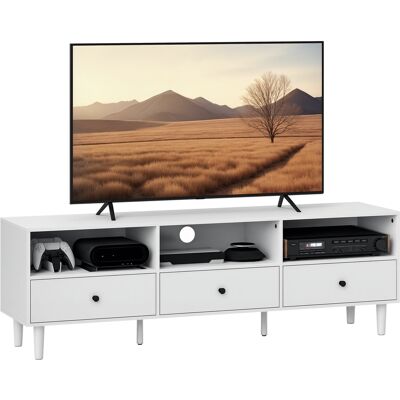 IROVAMI Meuble Tv Pour Écrans De 75 Pouces, 3 Compartiments Ouverts, 3 Tiroirs, Contreplaqué, Blanc - Publicité IROVAMI Meuble Tv Pour Écrans De 75 Pouces, 3 Compartiments Ouverts, 3 Tiroirs, Contreplaqué, Blanc - Publicité