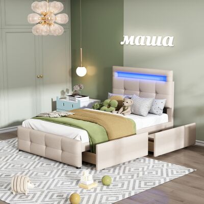 XISRENS Lit Rembourré 90200cm Avec Éclairage Led, 2 Tiroirs, Revêtement En Lin Doux Pour La Peau, Lit Simple, Lit Enfant, Lit Junior, Lit D'Appoint (beige) - Publicité XISRENS Lit Rembourré 90200cm Avec Éclairage Led, 2 Tiroirs, Revêtement En Lin Doux Pour La Peau, Lit Simple, Lit Enfant, Lit Junior, Lit D'Appoint (beige) - Publicité