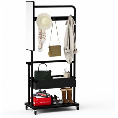 ACKERMAN Porte-manteau Robuste En Métal Avec Roulettes, Design 3-en-1 Avec Panier Et Miroir, Cintres, Porte-manteau Mobile Sur Roulettes, Penderie Spacieuse, Noir, 7040170cm - Publicité ACKERMAN Porte-manteau Robuste En Métal Avec Roulettes, Design 3-en-1 Avec Panier Et Miroir, Cintres, Porte-manteau Mobile Sur Roulettes, Penderie Spacieuse, Noir, 7040170cm - Publicité