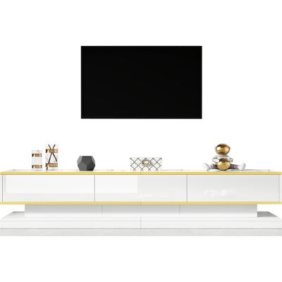 OEM Meuble Tv Et Table Basse Assortis Blanc Brillant Avec Finitions Dorées, Ensemble Salon Avec Tiroirs Et Rangements - Publicité OEM Meuble Tv Et Table Basse Assortis Blanc Brillant Avec Finitions Dorées, Ensemble Salon Avec Tiroirs Et Rangements - Publicité