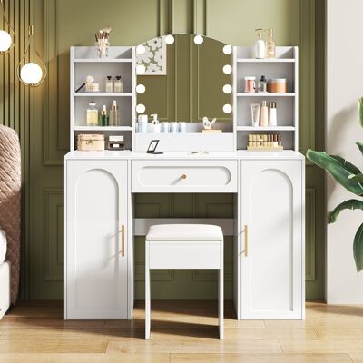 ACKERMAN Grande Coiffeuse Avec Éclairage Led Réglable, Miroir Et Tabouret. Elle Comprend Un Tiroir Et Deux Portes. Style Moderne, Blanche. Idéale Pour La Chambre. Dimensions : 110 X 40 X 132 Cm. Publicité ACKERMAN Grande Coiffeuse Avec Éclairage Led Réglable, Miroir Et Tabouret. Elle Comprend Un Tiroir Et Deux Portes. Style Moderne, Blanche. Idéale Pour La Chambre. Dimensions : 110 X 40 X 132 Cm. Publicité