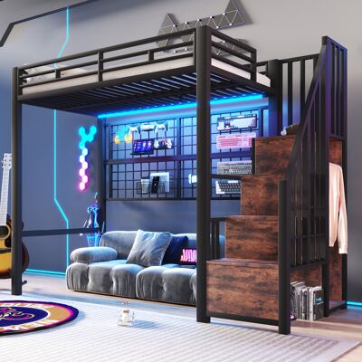 LEMONBEST Lit Mezzanine 90x200 Cm, Armoire, Escalier Rangement, Grille Porte-objets, Led 7 Couleurs, Métal, Sans Matelas, Noir - Publicité LEMONBEST Lit Mezzanine 90x200 Cm, Armoire, Escalier Rangement, Grille Porte-objets, Led 7 Couleurs, Métal, Sans Matelas, Noir - Publicité