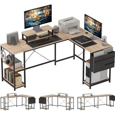 Generic Bureau En L, Table De Bureau Polyvalente Avec Étagères Réglables, Sac De Rangement Et Support Pour Écran, Finition Naturelle. Publicité Generic Bureau En L, Table De Bureau Polyvalente Avec Étagères Réglables, Sac De Rangement Et Support Pour Écran, Finition Naturelle. Publicité