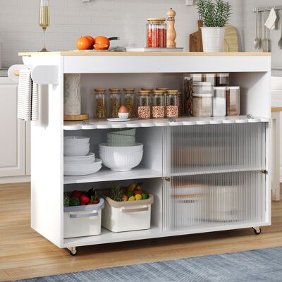 ACKERMAN Chariot Îlot De Cuisine Pliable, 122 X 46 (69) X 91 Cm, Plan De Travail En Placage Chêne, Portes Coulissantes En Verre Trempé, Étagères Réglables, Porte-serviettes, Grand Chariot Îlot De Cuisine - Publicité ACKERMAN Chariot Îlot De Cuisine Pliable, 122 X 46 (69) X 91 Cm, Plan De Travail En Placage Chêne, Portes Coulissantes En Verre Trempé, Étagères Réglables, Porte-serviettes, Grand Chariot Îlot De Cuisine - Publicité