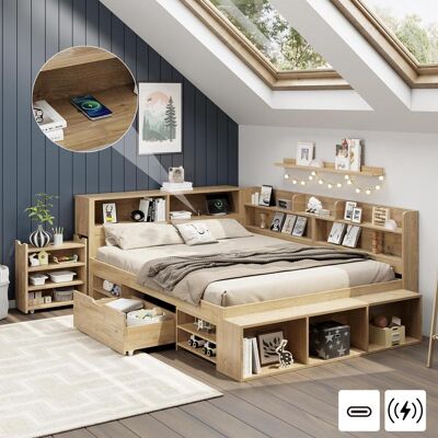 OEM Lit Enfant Avec Rangement, 140x200cm, Lit Simple, Lit Enfant Multifonctionnel Avec Table De Chevet, Tiroirs, Étagères, Armoire De Rangement, Chargeur Sans Fil, Sans Matelas, Couleur Naturelle, Gara... Publicité OEM Lit Enfant Avec Rangement, 140x200cm, Lit Simple, Lit Enfant Multifonctionnel Avec Table De Chevet, Tiroirs, Étagères, Armoire De Rangement, Chargeur Sans Fil, Sans Matelas, Couleur Naturelle, Gara... Publicité