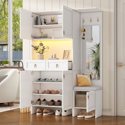 ACKERMAN Ensemble Armoire Murale Avec Banc Et Meuble À Chaussures, Comprenant 3 Crochets, 5 Portes, 2 Tiroirs Et 1 Miroir, Blanc, 120 × 180 × 33,5 Cm - Publicité ACKERMAN Ensemble Armoire Murale Avec Banc Et Meuble À Chaussures, Comprenant 3 Crochets, 5 Portes, 2 Tiroirs Et 1 Miroir, Blanc, 120 × 180 × 33,5 Cm - Publicité