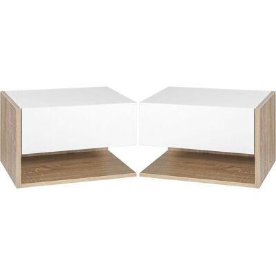 OEM Lot De 2 Tables De Chevet Murales - Lot De 2 Tables De Nuit - Tiroir Coulissant, Étagère, Bicolore Aspect Chêne Blanc - Publicité OEM Lot De 2 Tables De Chevet Murales - Lot De 2 Tables De Nuit - Tiroir Coulissant, Étagère, Bicolore Aspect Chêne Blanc - Publicité
