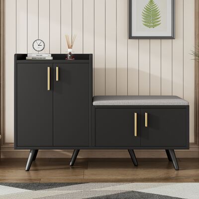 ACKERMAN Banc À Chaussures Moderne En Noyer Noir, Meuble À Chaussures, Équipé De Quatre Portes De Rangement, Poignées Asymétriques En Métal, L 120/p 34/h 82 Cm - Publicité ACKERMAN Banc À Chaussures Moderne En Noyer Noir, Meuble À Chaussures, Équipé De Quatre Portes De Rangement, Poignées Asymétriques En Métal, L 120/p 34/h 82 Cm - Publicité