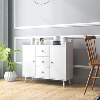 OEM Buffet Meuble De Rangement 2 Portes 3 Tiroirs Pieds Bois Massif Style Moderne 90x32x80cm Blanc - Publicité OEM Buffet Meuble De Rangement 2 Portes 3 Tiroirs Pieds Bois Massif Style Moderne 90x32x80cm Blanc - Publicité