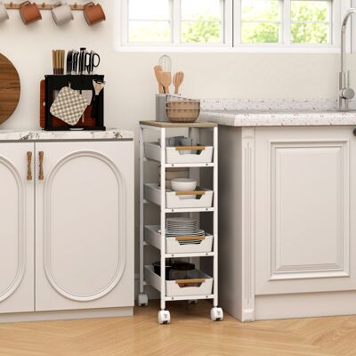 OEM Chariot De Cuisine À 5 Niveaux, Desserte À Roulettes, Plateau Imitation Bois, Tiroirs Coulissants, 39,5 X 24 X 82 Cm, Blanc - Publicité OEM Chariot De Cuisine À 5 Niveaux, Desserte À Roulettes, Plateau Imitation Bois, Tiroirs Coulissants, 39,5 X 24 X 82 Cm, Blanc - Publicité
