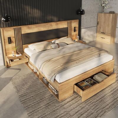 OEM Lit Double 180 X 200 Cm, Lit Coffre, Lit En Bois, Lit Enfant, Avec Lampe De Lecture, 2 Tables De Chevet, Tiroirs, Coloris Naturel - Publicité OEM Lit Double 180 X 200 Cm, Lit Coffre, Lit En Bois, Lit Enfant, Avec Lampe De Lecture, 2 Tables De Chevet, Tiroirs, Coloris Naturel - Publicité
