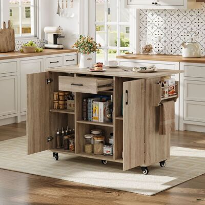 ACKERMAN Kitchen Island, Desserte De Cuisine Avec Plan De Travail Rabattable, Îlot De Cuisine Mobile 120cm Sur Roues, Chariot Desserte Avec Tiroir Et Armoire, Chêne Sonoma, 92,9x120x43,5cm - Publicité ACKERMAN Kitchen Island, Desserte De Cuisine Avec Plan De Travail Rabattable, Îlot De Cuisine Mobile 120cm Sur Roues, Chariot Desserte Avec Tiroir Et Armoire, Chêne Sonoma, 92,9x120x43,5cm - Publicité