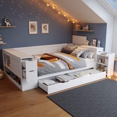 ARRIGONI Lit En Bois, Lit Pour Enfant, Lit De Rangement 140x200 Cm, Lit De Jour, Lit De Rangement Multifonction Avec Tiroirs, Étagères Et Armoires De Rangement, Avec Tables De Chevet, Adapté Aux Adolescents, S - Publicité ARRIGONI Lit En Bois, Lit Pour Enfant, Lit De Rangement 140x200 Cm, Lit De Jour, Lit De Rangement Multifonction Avec Tiroirs, Étagères Et Armoires De Rangement, Avec Tables De Chevet, Adapté Aux Adolescents, S - Publicité