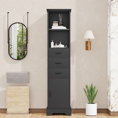 ACKERMAN Armoire De Salle De Bain Haute 38 X 26 X 172,5 Cm, Entièrement Peinte Pour Résistance À L'Humidité, Trois Tiroirs + Doubles Étagères Ouvertes + Portes De Meuble, Étagères Réglables, Noir. Publicité ACKERMAN Armoire De Salle De Bain Haute 38 X 26 X 172,5 Cm, Entièrement Peinte Pour Résistance À L'Humidité, Trois Tiroirs + Doubles Étagères Ouvertes + Portes De Meuble, Étagères Réglables, Noir. Publicité