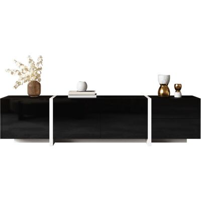 OEM Meuble Tv Avec Caisson Bas, Caisson Noir Laqué Avec Pieds Blancs Contrastants, Portes Et Tiroirs Élégants. Équipé D'Un Bandeau Lumineux Led. Publicité OEM Meuble Tv Avec Caisson Bas, Caisson Noir Laqué Avec Pieds Blancs Contrastants, Portes Et Tiroirs Élégants. Équipé D'Un Bandeau Lumineux Led. Publicité