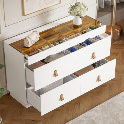 ACKERMAN Buffet En Verre Trempé De Sécurité, Commode À 6 Tiroirs, Coiffeuse, Séparateurs De Compartiments, Stable, Armoire Haute Pour Chambres Et Pièces À Vivre, L 120 X P 40 X H 78 Cm, Blanc - Publicité ACKERMAN Buffet En Verre Trempé De Sécurité, Commode À 6 Tiroirs, Coiffeuse, Séparateurs De Compartiments, Stable, Armoire Haute Pour Chambres Et Pièces À Vivre, L 120 X P 40 X H 78 Cm, Blanc - Publicité