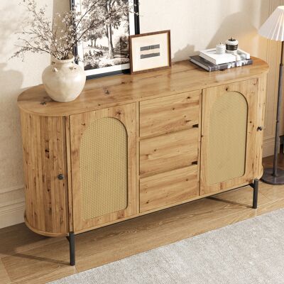 LEMONBEST Buffet Ovale 140x38x77,5 Cm Avec 2 Portes Coulissantes En Rotin, 3 Tiroirs Et Étagères Ajustables, Pieds Métal,mdf,naturel - Publicité LEMONBEST Buffet Ovale 140x38x77,5 Cm Avec 2 Portes Coulissantes En Rotin, 3 Tiroirs Et Étagères Ajustables, Pieds Métal,mdf,naturel - Publicité