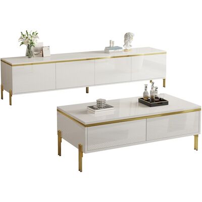ACKERMAN Ensemble Meuble Tv Et Table Basse De Luxe Moderne, Surface Unie Brillante, Bords Dorés, Grand Espace De Rangement - Publicité ACKERMAN Ensemble Meuble Tv Et Table Basse De Luxe Moderne, Surface Unie Brillante, Bords Dorés, Grand Espace De Rangement - Publicité