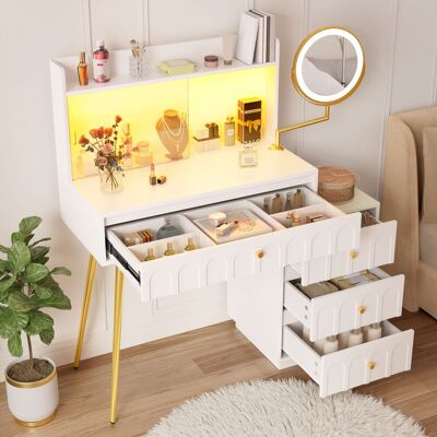 ACKERMAN Coiffeuse Avec Miroir Pivotant À Led Et Portes Coulissantes En Verre, Dotée De 4 Tiroirs Spacieux, Dimensions : L 112 X P 40 X H 116 Cm, Blanche - Publicité ACKERMAN Coiffeuse Avec Miroir Pivotant À Led Et Portes Coulissantes En Verre, Dotée De 4 Tiroirs Spacieux, Dimensions : L 112 X P 40 X H 116 Cm, Blanche - Publicité