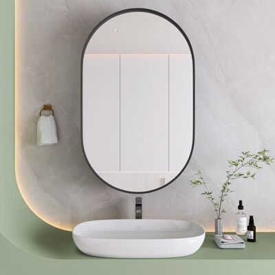 ACKERMAN Stylish Oval Mirror Cabinet, Recessed Medicine Cabinet, Wall Cabinet With Metal Framed, Mirror And Adjustable Shelves, Mirror Cabinet With Storage For Bathroom, Living Room And Bedroom, Black - Publicité ACKERMAN Stylish Oval Mirror Cabinet, Recessed Medicine Cabinet, Wall Cabinet With Metal Framed, Mirror And Adjustable Shelves, Mirror Cabinet With Storage For Bathroom, Living Room And Bedroom, Black - Publicité