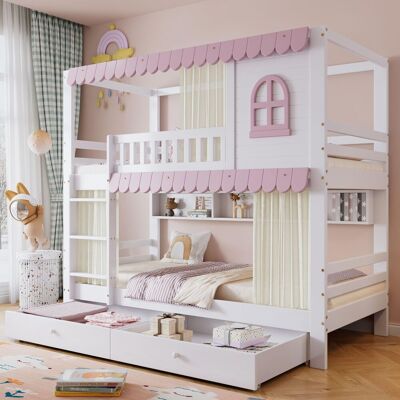 OEM Lit Superposé Pour Enfant Avec Fenêtres Et Rideaux, Barrière De Sécurité, Étagère Ouverte, Rambarde Robuste, Deux Tiroirs À Roulettes, Grand Espace De Rangement, Pin Et Mdf, Blanc Et Rose, 90 X 200 Cm - Publicité OEM Lit Superposé Pour Enfant Avec Fenêtres Et Rideaux, Barrière De Sécurité, Étagère Ouverte, Rambarde Robuste, Deux Tiroirs À Roulettes, Grand Espace De Rangement, Pin Et Mdf, Blanc Et Rose, 90 X 200 Cm - Publicité