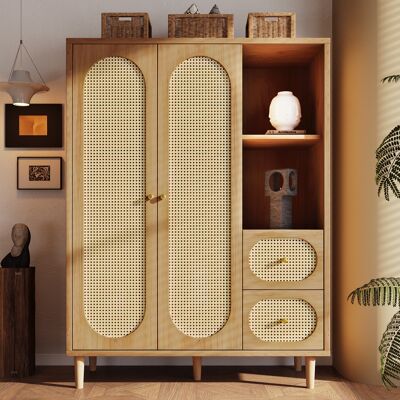 ABAISAN Armoire 120x161cm - Style Campagne Avec Rotin - Penderie Et Tiroirs - Charnières Silencieuses - Pieds Bois Massif - Capacité 60kg - Chêne - Publicité ABAISAN Armoire 120x161cm - Style Campagne Avec Rotin - Penderie Et Tiroirs - Charnières Silencieuses - Pieds Bois Massif - Capacité 60kg - Chêne - Publicité