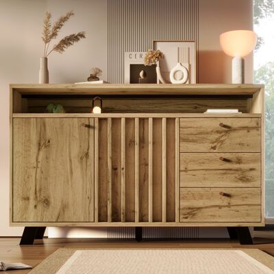 ACKERMAN Buffet/commode À 3 Tiroirs Et 2 Portes, Meuble De Rangement Avec Compartiment Ouvert Et Façade À Lattes, Style Vintage, Idéal Pour Le Salon, La Salle À Manger, Le Couloir Ou L'Entrée, En Chêne Foncé, - Publicité ACKERMAN Buffet/commode À 3 Tiroirs Et 2 Portes, Meuble De Rangement Avec Compartiment Ouvert Et Façade À Lattes, Style Vintage, Idéal Pour Le Salon, La Salle À Manger, Le Couloir Ou L'Entrée, En Chêne Foncé, - Publicité