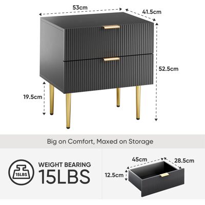 ALLAUVE Table De Chevet Moderne Noire Motif Ondulé, 2 Tiroirs, Pieds Métalliques, Meuble De Chambre Design, 1 Unité - Publicité ALLAUVE Table De Chevet Moderne Noire Motif Ondulé, 2 Tiroirs, Pieds Métalliques, Meuble De Chambre Design, 1 Unité - Publicité