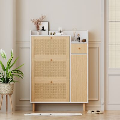 ACKERMAN Meuble À Chaussures En Rotin – Idéal Pour Les Entrées Étroites – 3 Portes Basculantes Et 1 Tiroir – Pieds Et Poignées En Bois Massif – Dimensions : L 90 Cm / H 125 Cm / P 17 Cm - Publicité ACKERMAN Meuble À Chaussures En Rotin – Idéal Pour Les Entrées Étroites – 3 Portes Basculantes Et 1 Tiroir – Pieds Et Poignées En Bois Massif – Dimensions : L 90 Cm / H 125 Cm / P 17 Cm - Publicité