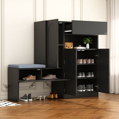 ACKERMAN Meuble À Chaussures Tendance 2 En 1 Avec Portes Incurvées – Porte À Charnières Avec Fermeture Amortie, Compartiments Réglables En Hauteur Et Banquette Rembourrée, Noir, 130 × 35 × 110 Cm - Publicité ACKERMAN Meuble À Chaussures Tendance 2 En 1 Avec Portes Incurvées – Porte À Charnières Avec Fermeture Amortie, Compartiments Réglables En Hauteur Et Banquette Rembourrée, Noir, 130 × 35 × 110 Cm - Publicité